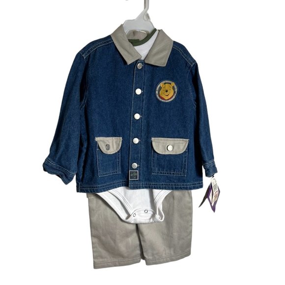 NWT The Disney Store 3-Piece Pooh Pants, Onesie, Jean Jacket Ensemble, Sz 24 MOS - Picture 1 of 7